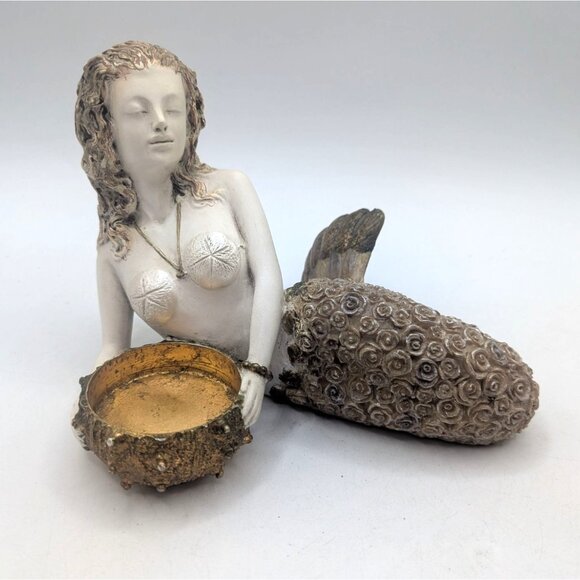 Mermaid Votive Holder Statue With Gold Accent Bowl 8" Resin Sculpture - Picture 1 of 9